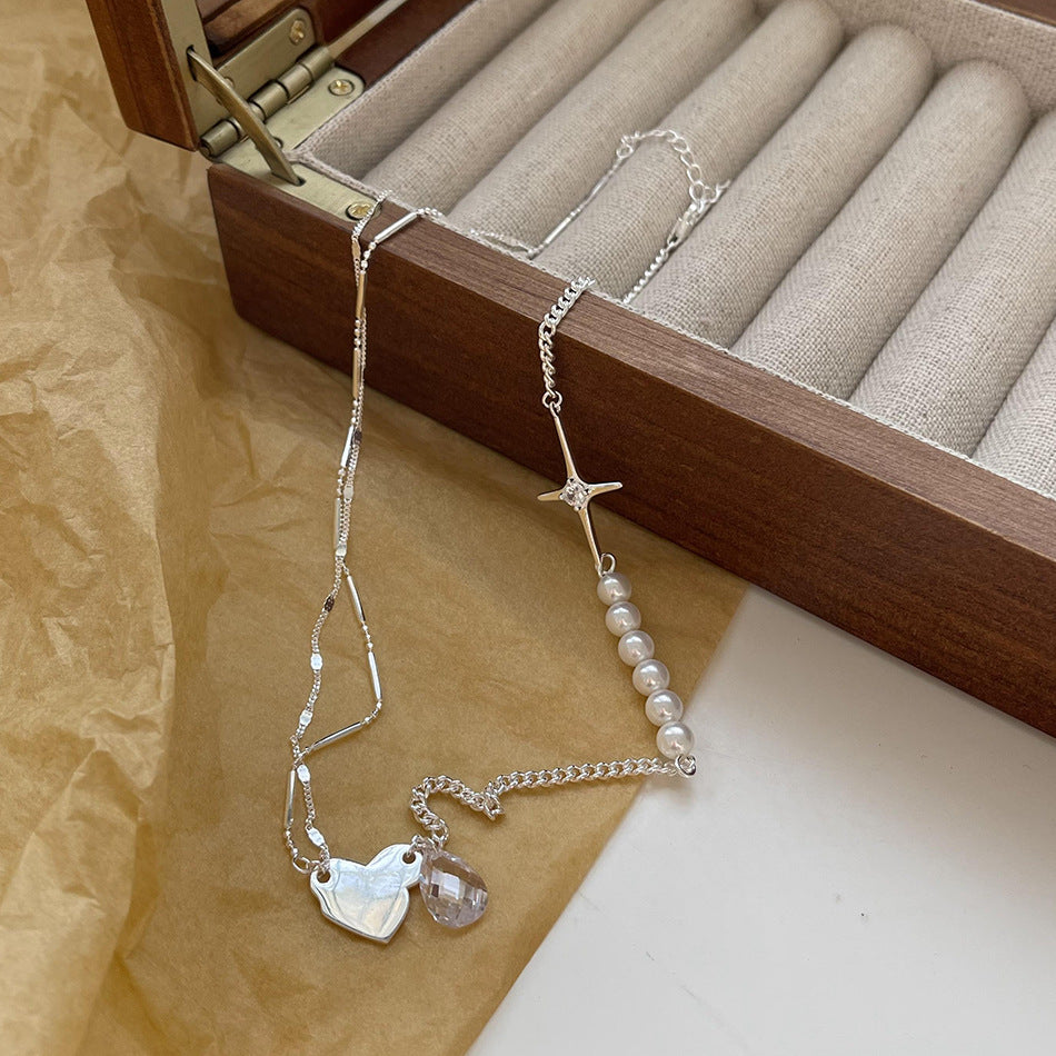 Collana in Argento Sterling 925 a Forma di Cuore Irregolare con Perla e Zirconi, Stile Minimalista e Dolce Fresco