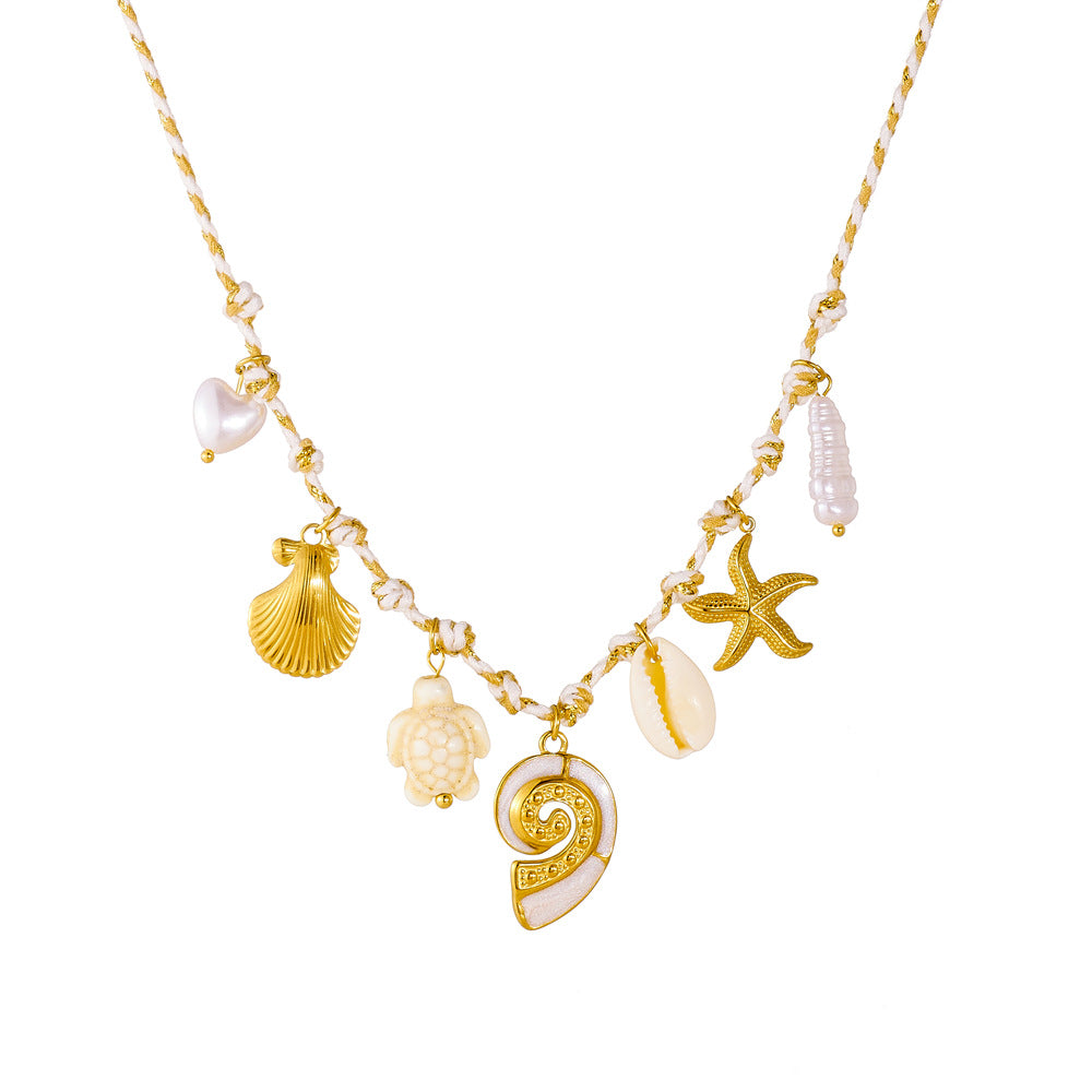 Vintage Chic Two-Tone Gold Plated Stainless Steel Starfish and Animal Pendant Necklace
