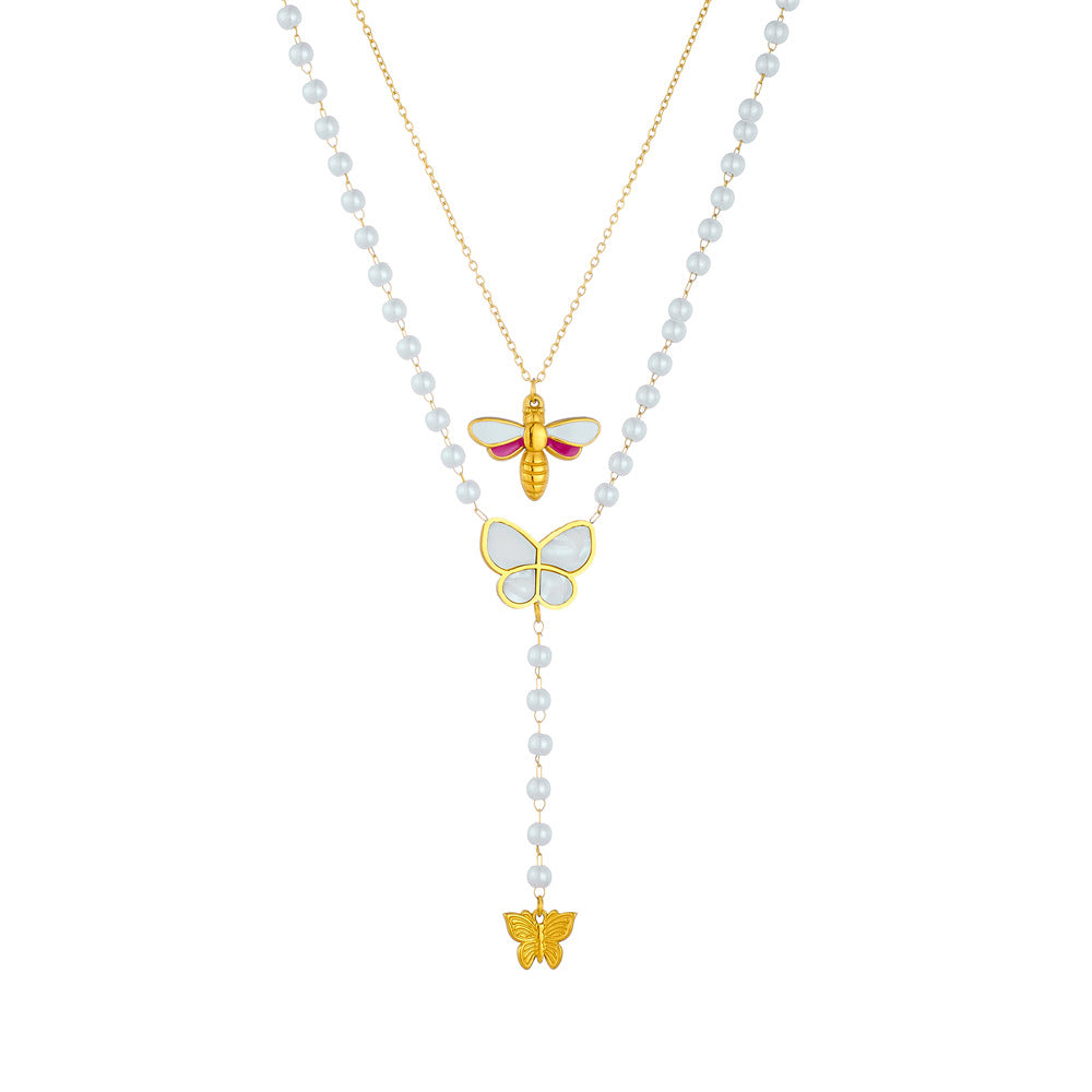 Vintage Fashion Stainless Steel Butterfly and Bee Enamel Pendant Necklace with O-Chain for Women
