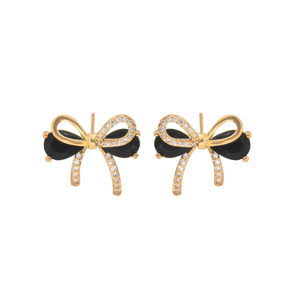 Orecchini minimalistici a forma di fiocco in rame con intarsio in zircone per donna, perni in acciaio inossidabile