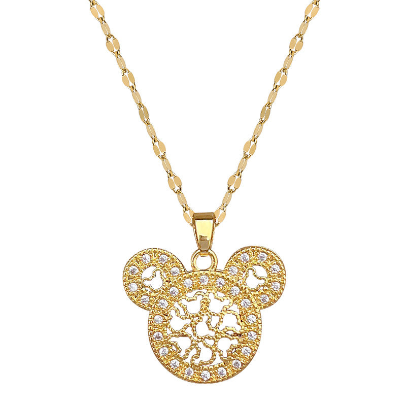 Collana Pendente Gatto Minimalista in Acciaio al Titanio con Intarsi in Strass per Uomo e Donna, Catena a Medaglione con Design Traforato