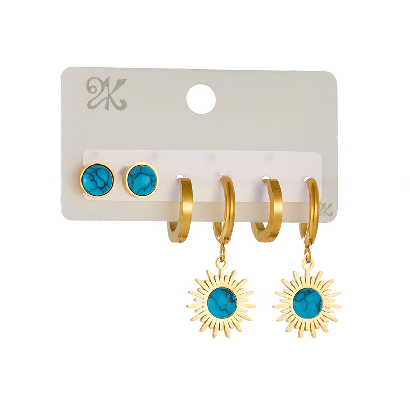 Vintage Fashion Round Turquoise Pendant Necklace Set Stainless Steel Earrings