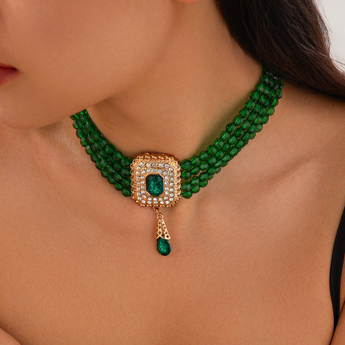 Collar tipo gargantilla de cristal estilo francés vintage con dijes geométricos cuadrados y de lágrima en cadena de perlas para mujer