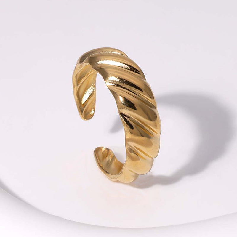 Anillo abierto minimalista geométrico de titanio y acero para mujer con acabado chapado, banda ajustable de acero inoxidable hipoalergénico