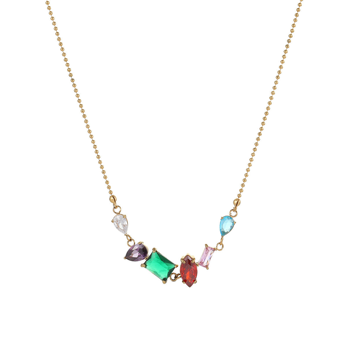 Collana da donna alla moda in acciaio inossidabile con geometrie, placcatura in oro e accenti di zirconi colorati