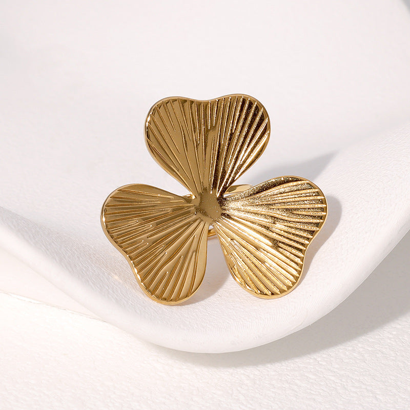 Minimalist Floral Stainless Steel Open Ring for Women with Plated Finish