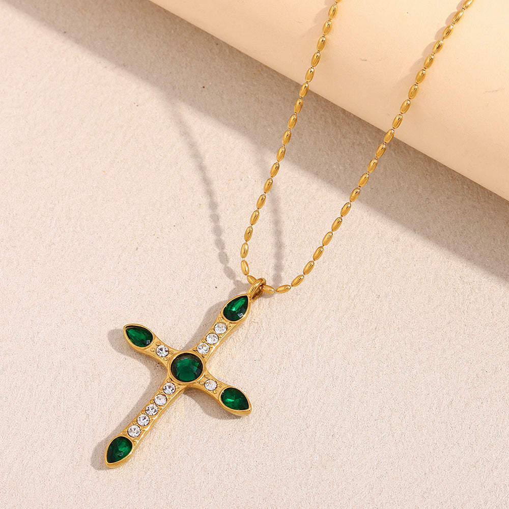 Vintage French Style Geometric Cross Pendant Necklace for Women in Stainless Steel with 18K Gold Plating and Green Zircon