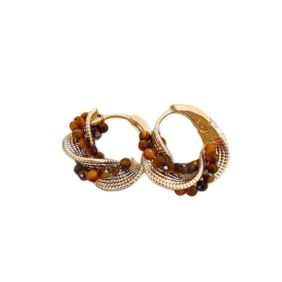Vintage Geometric Tiger's Eye Stud Earrings for Women with Plated Finish