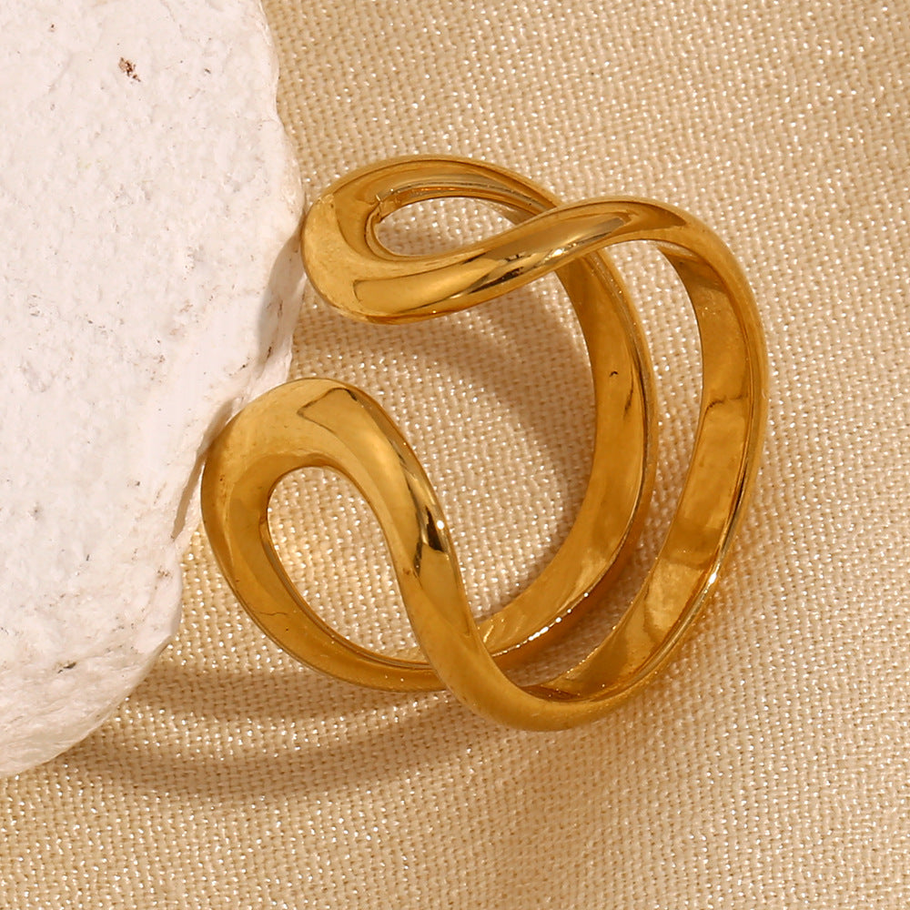 Anello da donna minimalista geometrico in acciaio inossidabile placcato oro 18 carati con doppia fascia aperta a otto