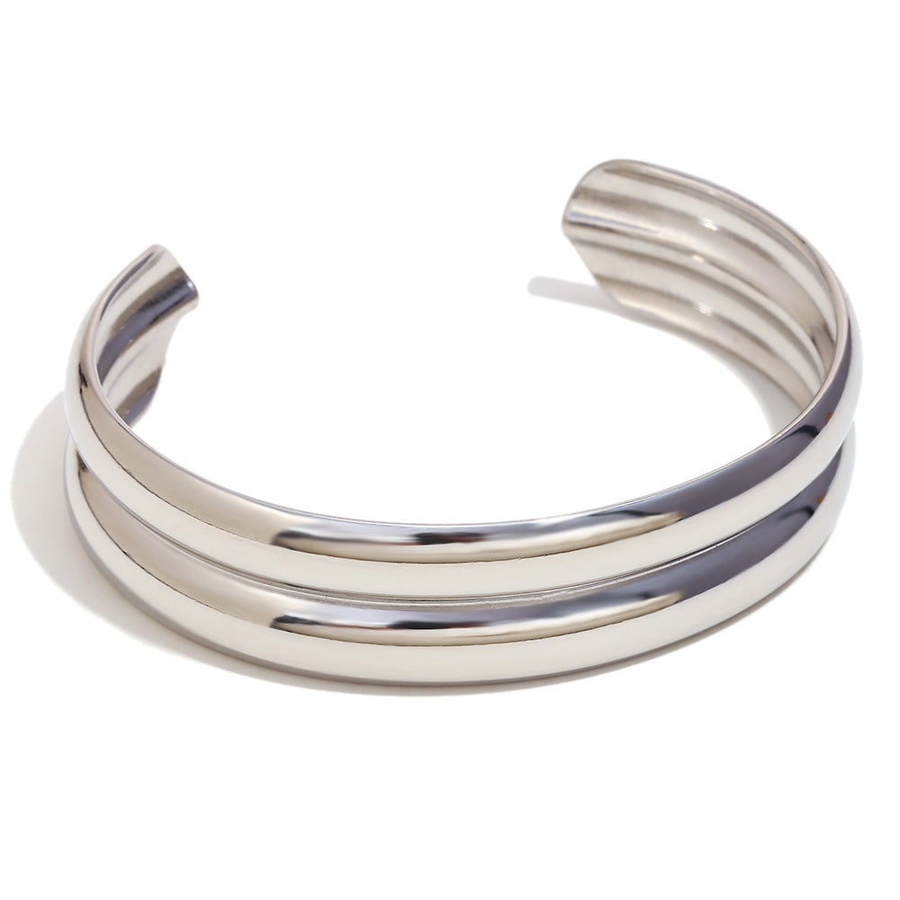 Bracciale Minimalista Elegante a Doppio Strato Largo in Acciaio Inossidabile da Donna con Placcatura in Oro 18K