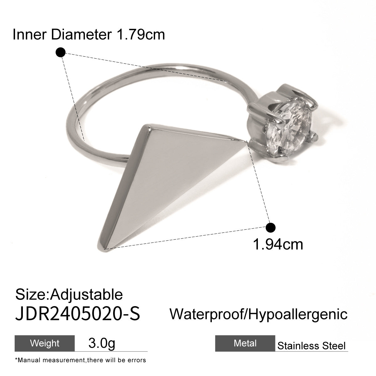 Anello Aperto a Triangolo Geometrico Minimalista in Acciaio Inossidabile Placcato Oro 18K con Zircone Rotondo
