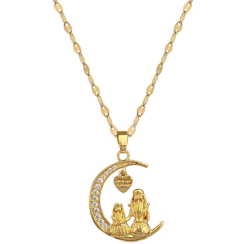 Luxury Elegant Sweet Moon Heart Rhinestone Pendant Necklace in Titanium Steel Chain for Unisex