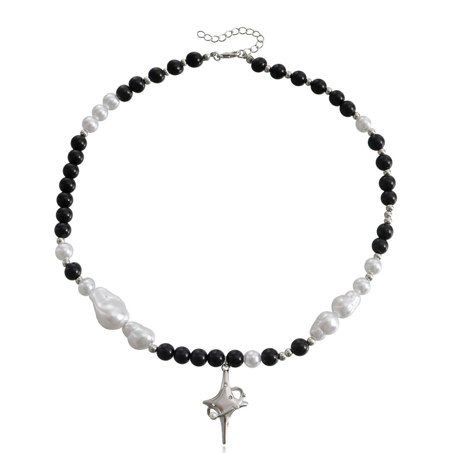 Vintage-Style Geometric Black and White Beaded Cross Star Pendant Necklace for Women with Alloy Base and Plated Finish