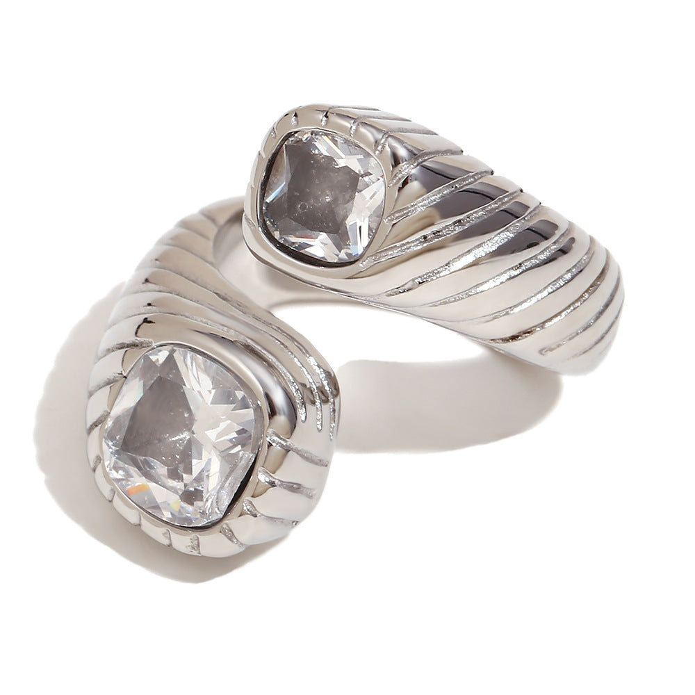 Minimalist Geometric Stainless Steel Ring with 18K Gold Plating and Dual-Zirconia Texture for Women