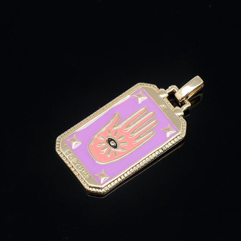 Vintage Tarot Card Pendant Necklace in Copper with Gold Plating and Enamel Finish on Box Chain for Women