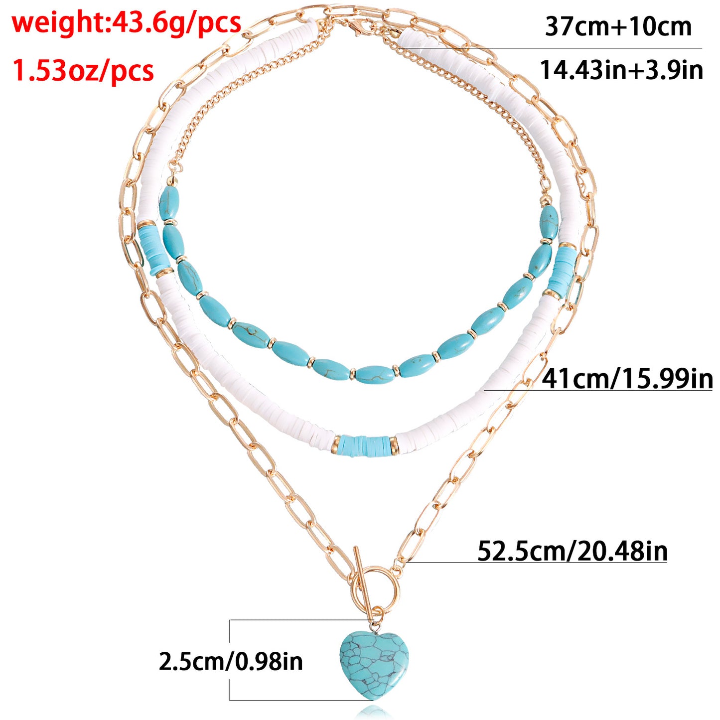 Bohemian Turquoise Heart Pendant Necklace for Women with Alloy Material and Electroplated Finish in Geometric Design