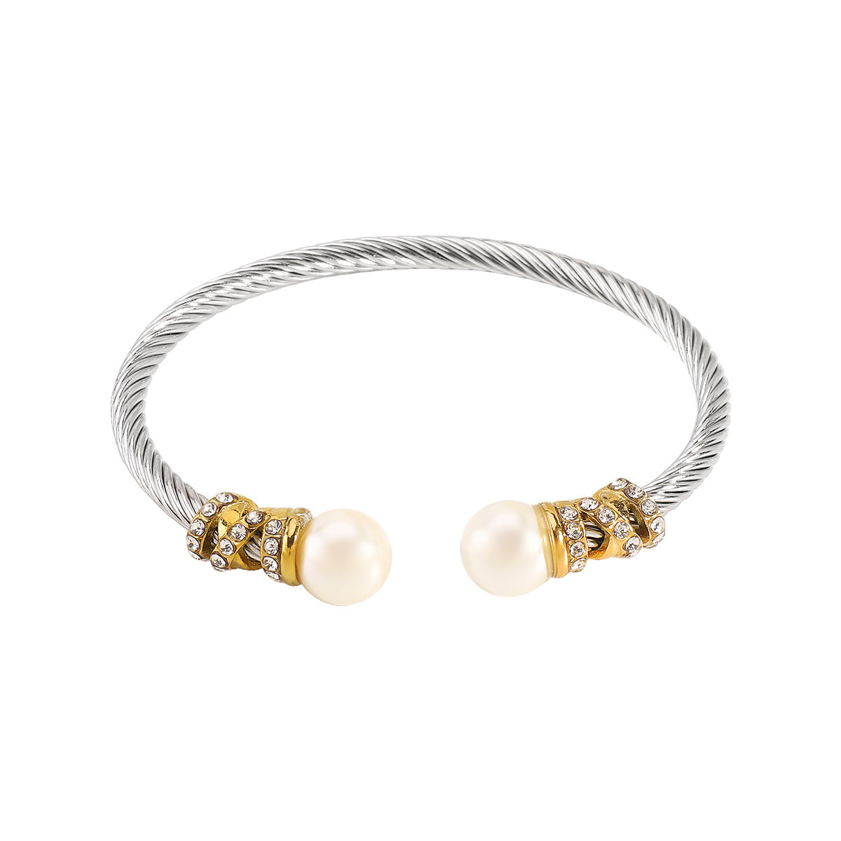 Pulsera de Cable de Acero Inoxidable de Moda para Mujer con Detalles de Diamantes de Imitación y Perlas de Imitación, Diseño de Cuerda Trenzada, Acabado Galvanizado