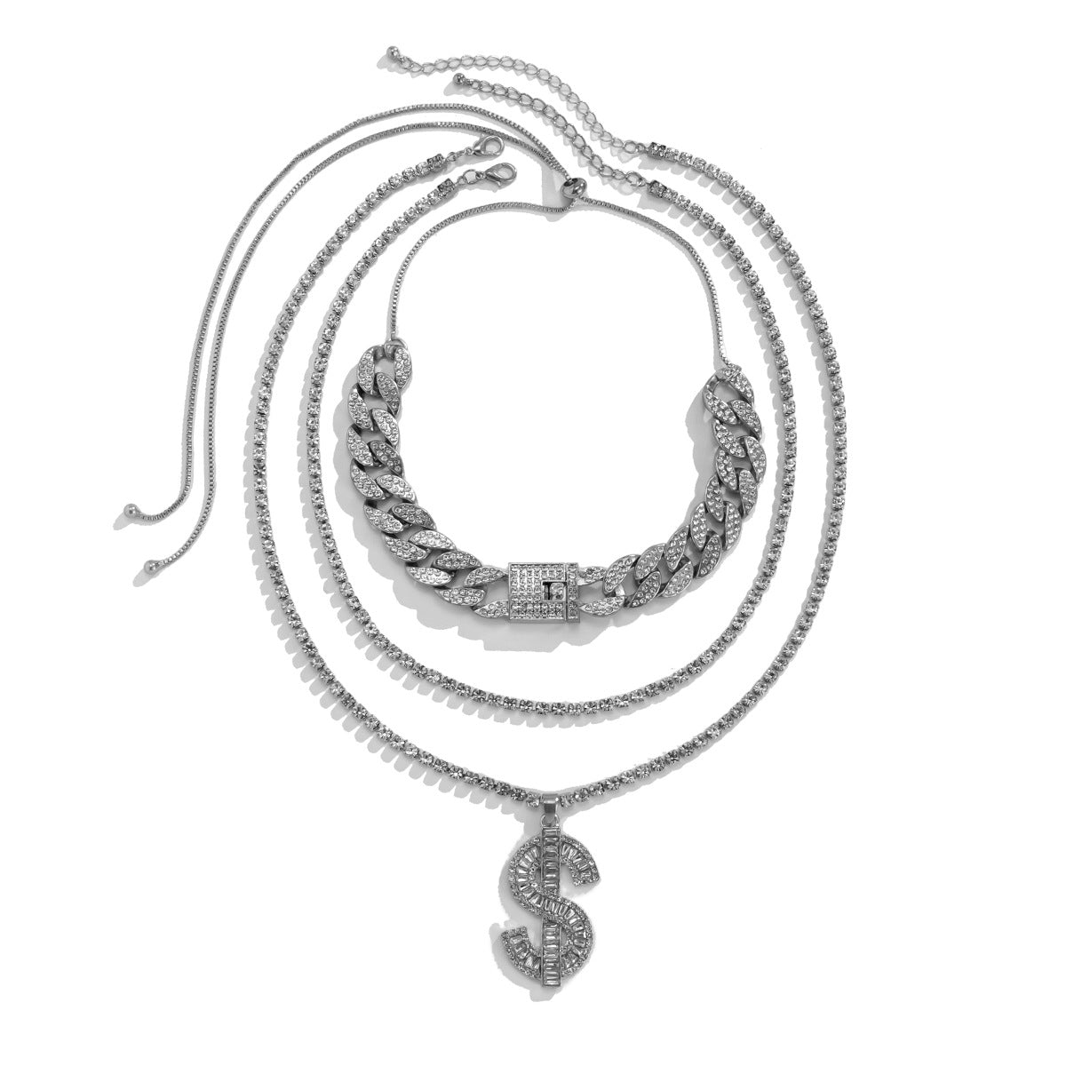Punk Vintage Hip-hop Rhinestone Letter Pendant Alloy Cuban Link Chain Necklace for Women