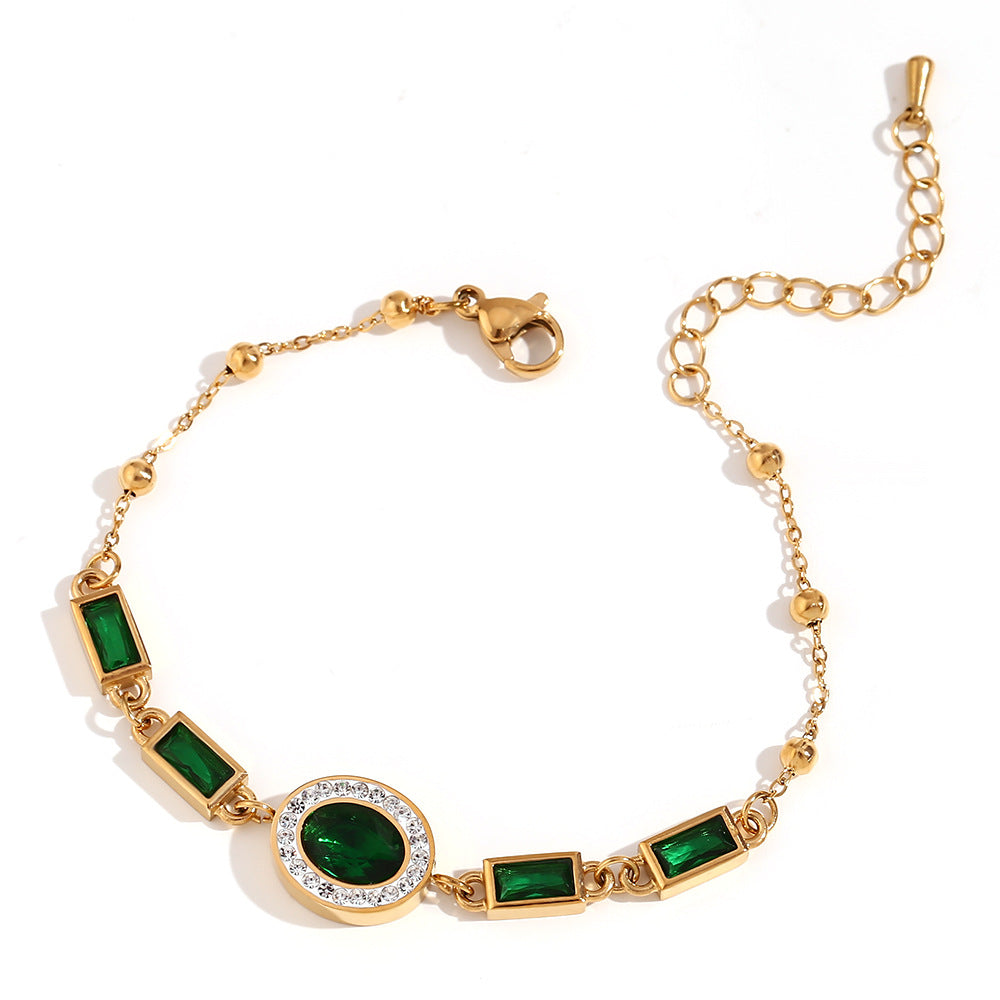 Fashionable Minimalist Geometric Stainless Steel Plated 18K Gold White Howlite Oval Rectangle Green Rhinestone Bracelet for Women
