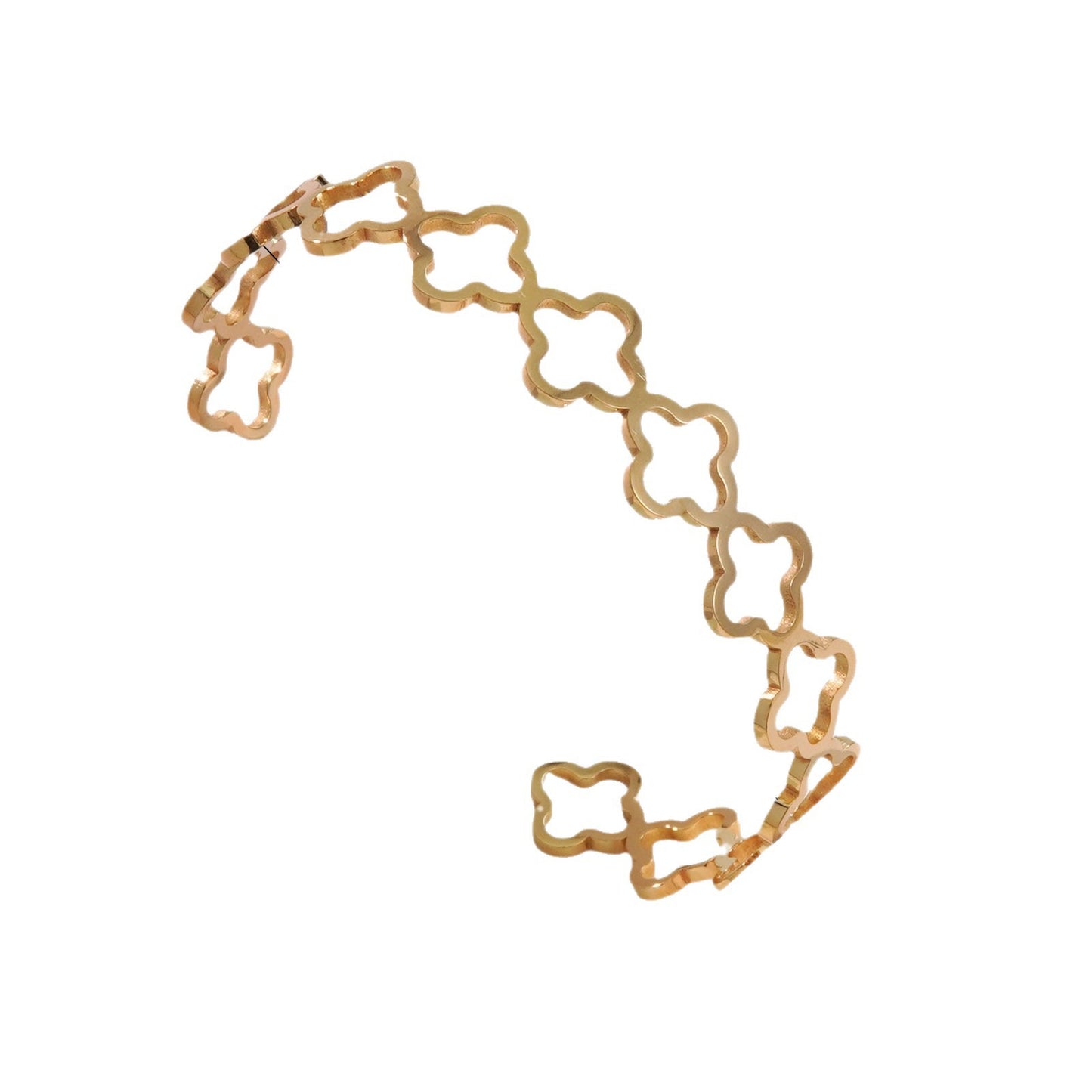 Elegant 18K Gold Plated Stainless Steel Hollow Four-Leaf Clover Cuff Bracelet