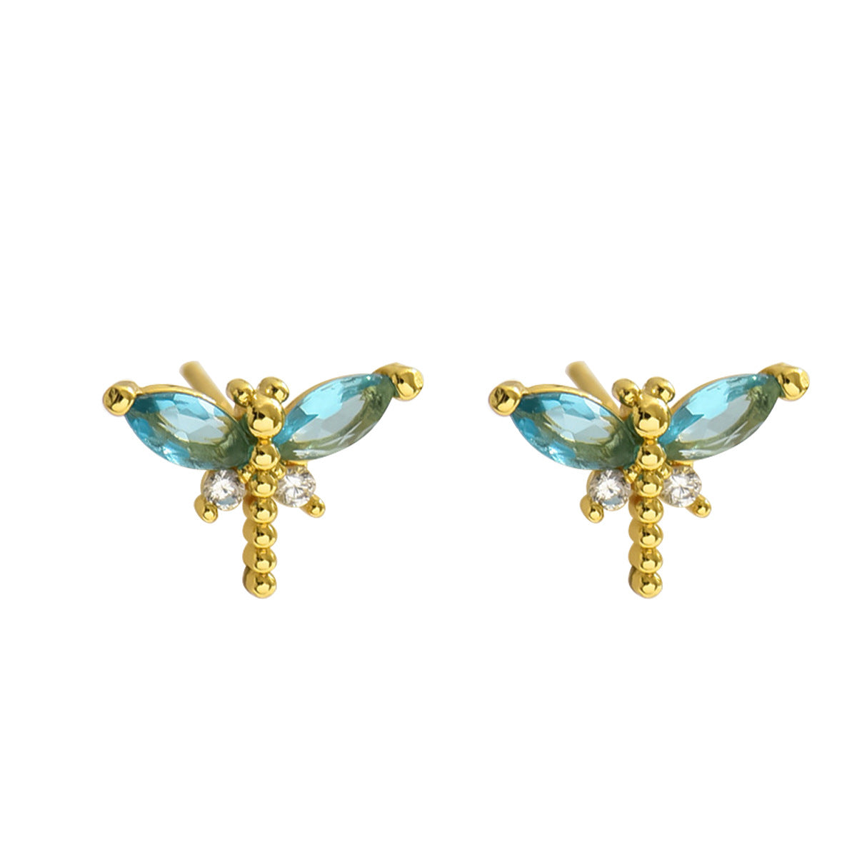 Bonitos pendientes de cobre con incrustaciones de circonitas con forma de libélula para mujer, con postes de acero inoxidable.