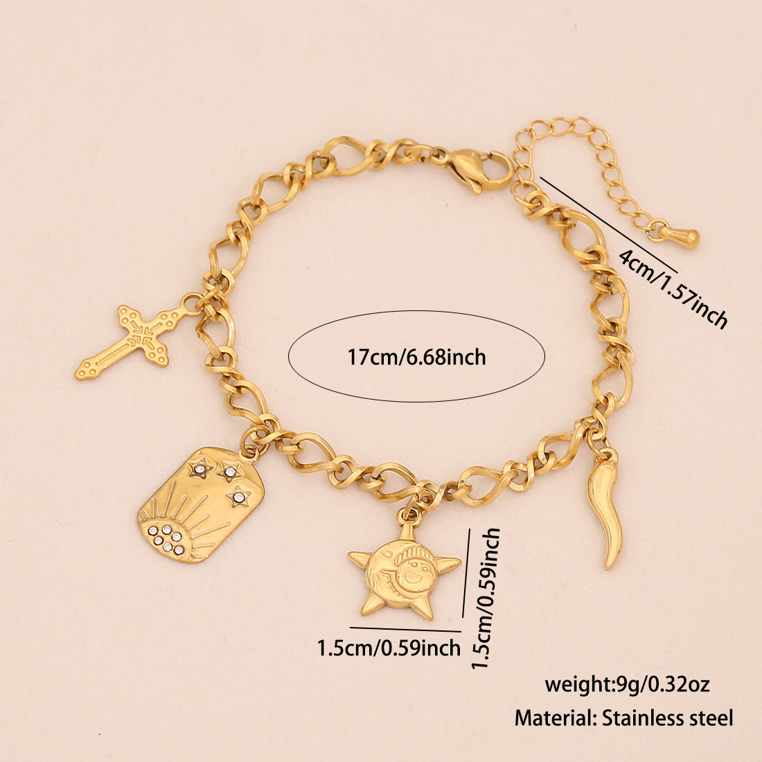 Bracciale in acciaio inossidabile a stella e luna geometriche con finitura galvanica da donna