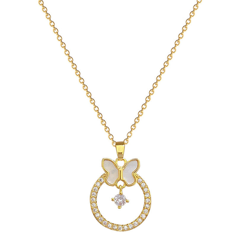 Luxury Full-Rhinestone Butterfly Pendant Necklace for Women Titanium Steel Chain Delicate Clavicle Jewelry Geometric Design