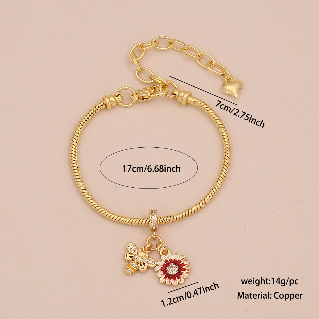 Sweet Floral Heart Brass Inlay Charm Bar for Women