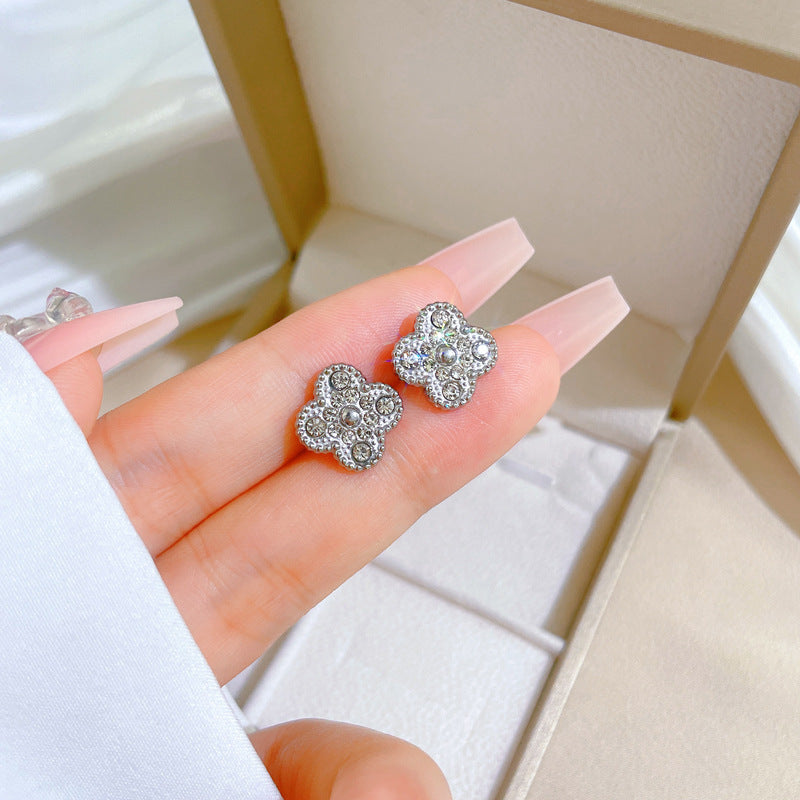 Minimalist Titanium Steel Geometric Ear Studs Lucky Clover Design for Women