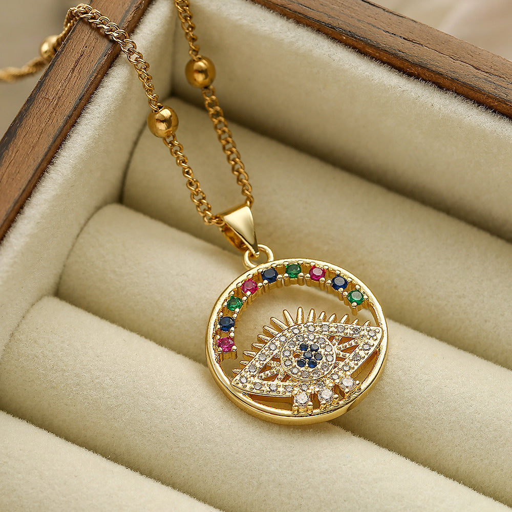 Geometric Evil Eye Pendant Necklace for Women in Copper with Real Gold Plating and Zircon Inlay