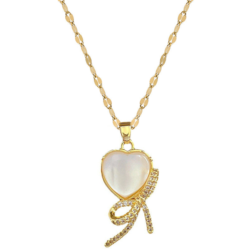 Minimalist Bowknot Pendant Necklace for Women Stainless Steel Chain with Rhinestone Inlay and Moon Motif