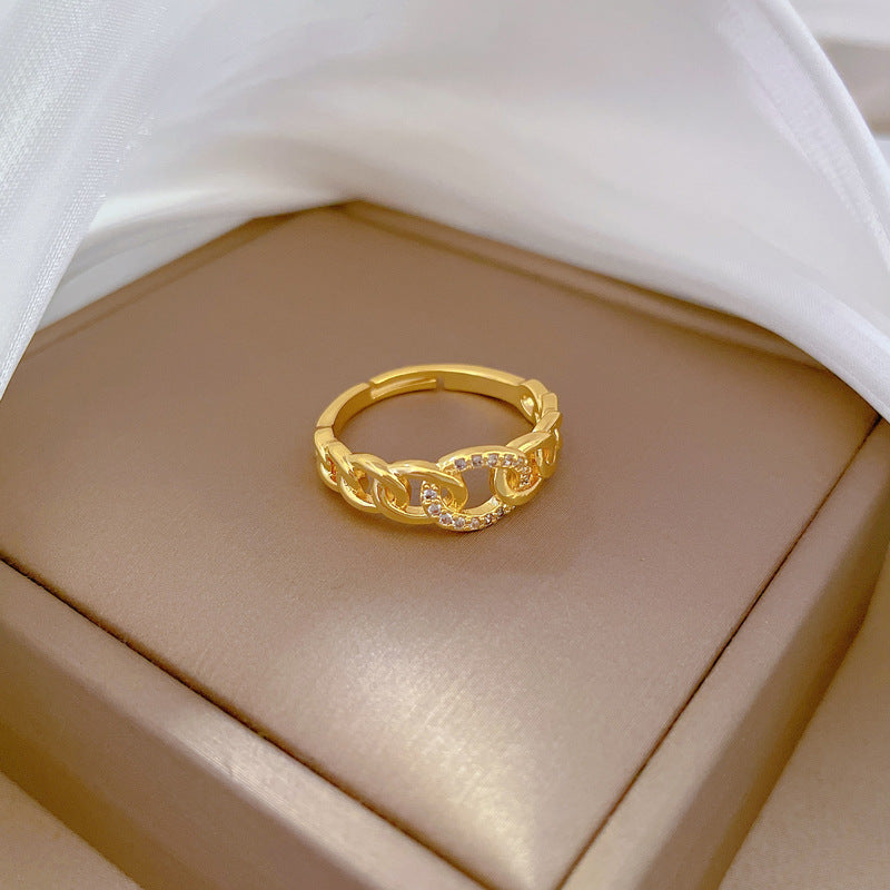 Anello a catena regolabile di lusso con intarsio completo di strass e design a corona per donna, gioiello da mano in stile giapponese minimalista
