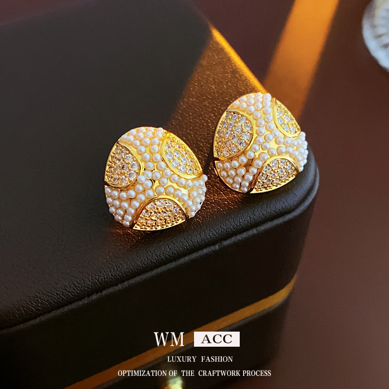 Chic Geometric Earrings with Gold-Plated Silver Posts, Zircon Inlay, and Imitation Pearl Accents for Women
