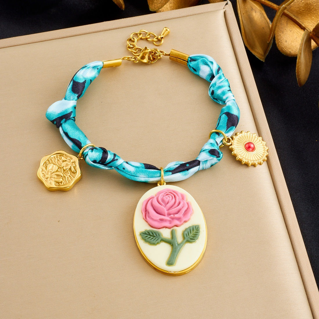 Blue Tie-Dye Fabric Gold Plated Heart Oval Floral Carved Pendant Necklace and Bracelet Set for Women