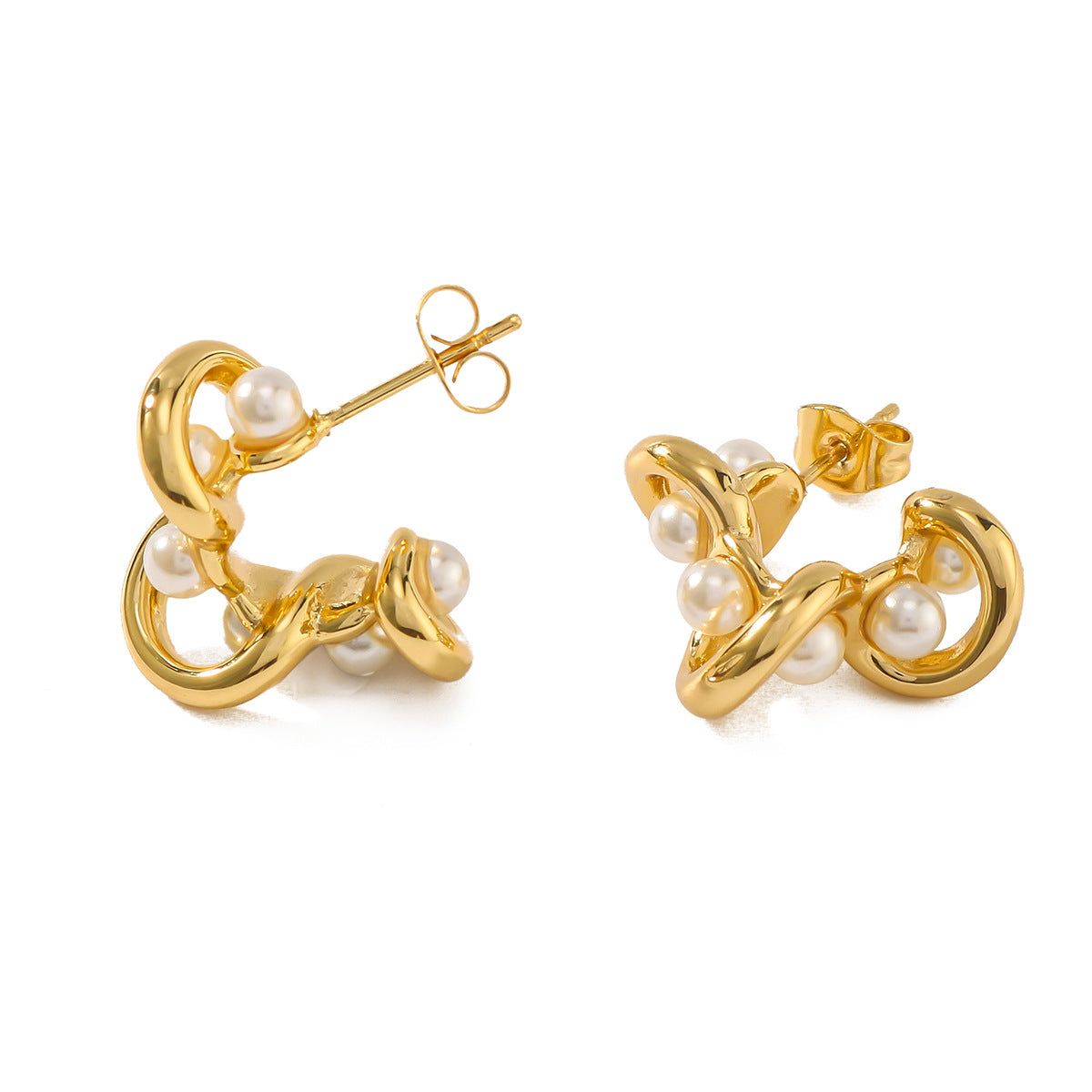 Geometric Pearl-Inlaid Stainless Steel Hoop Earrings with C-Shaped Hollow Design and Vacuum Gold Plating for Women