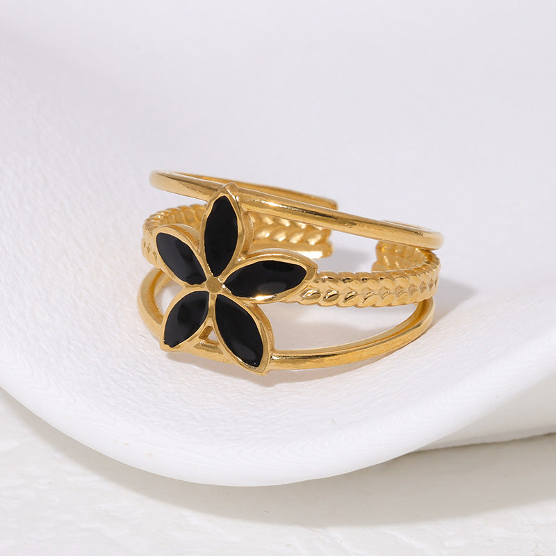 Minimalist Vintage Floral Enamel Titanium Steel Open Ring for Women with Plated Finish
