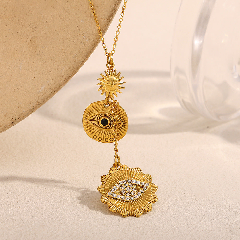 Collar con colgante geométrico minimalista de acero inoxidable con baño de oro de 18 quilates y detalle de borla de ojo para mujer