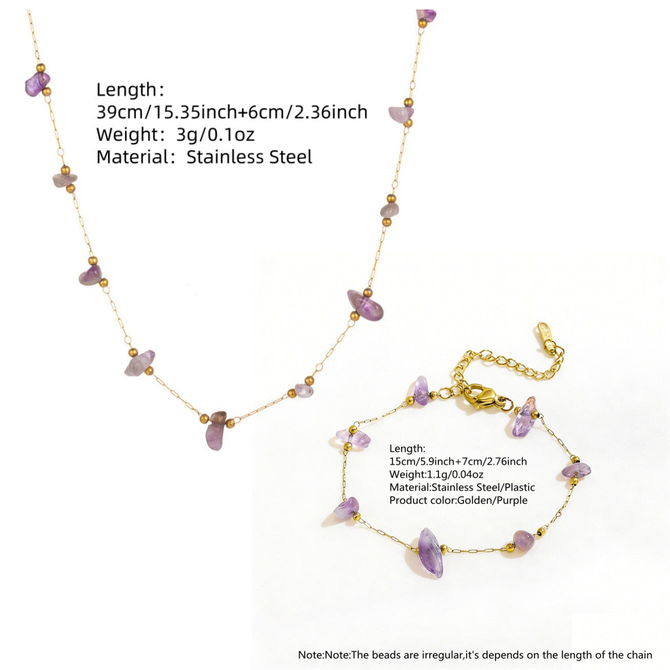 Sweet Elegant Geometric Titanium Steel Gold Plated Irregular Natural Stone Necklace and Bracelet Set for Women