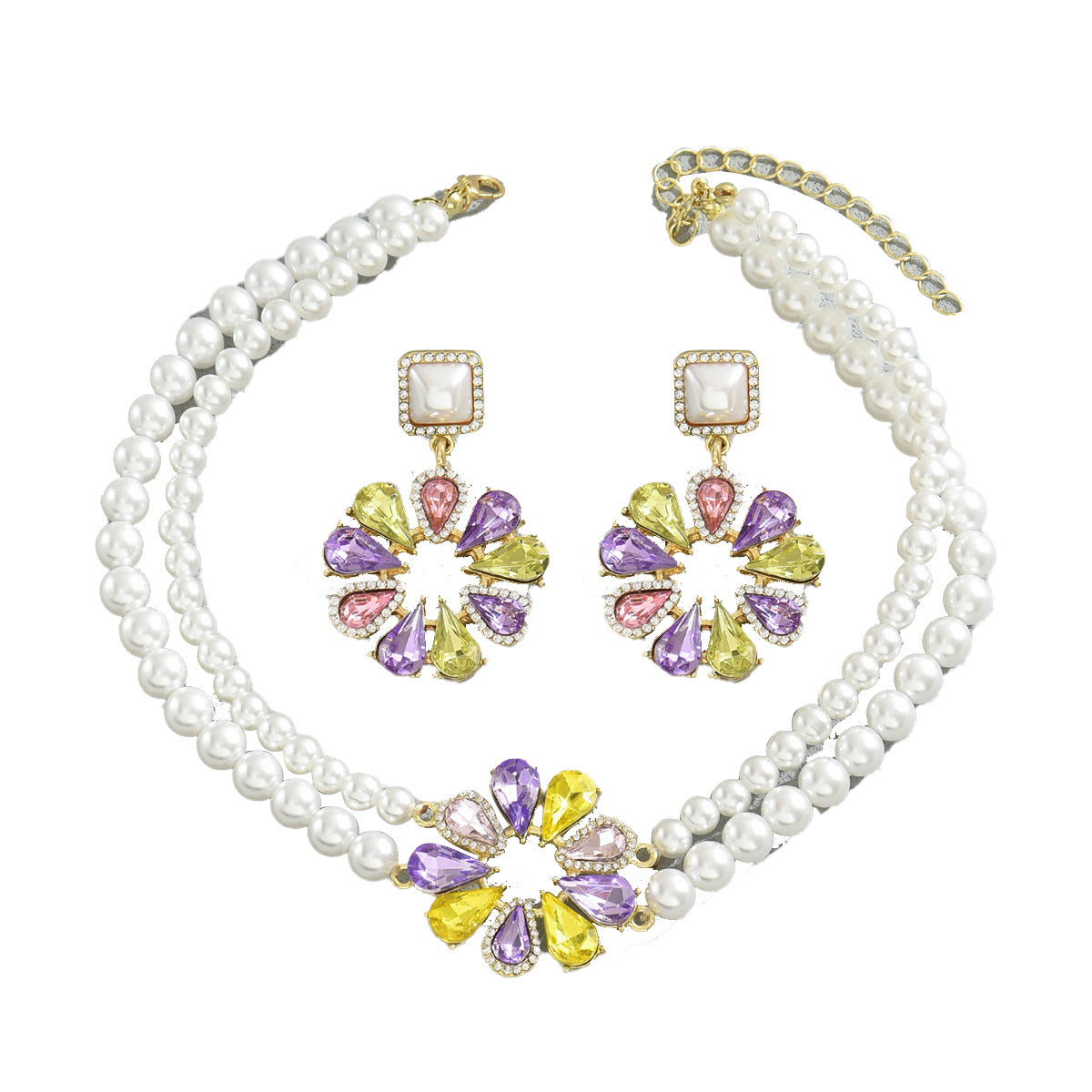 Parure di Collana con Pendente e Orecchini Floreali Minimalisti Vintage in Lega con Intarsio di Strass da Donna