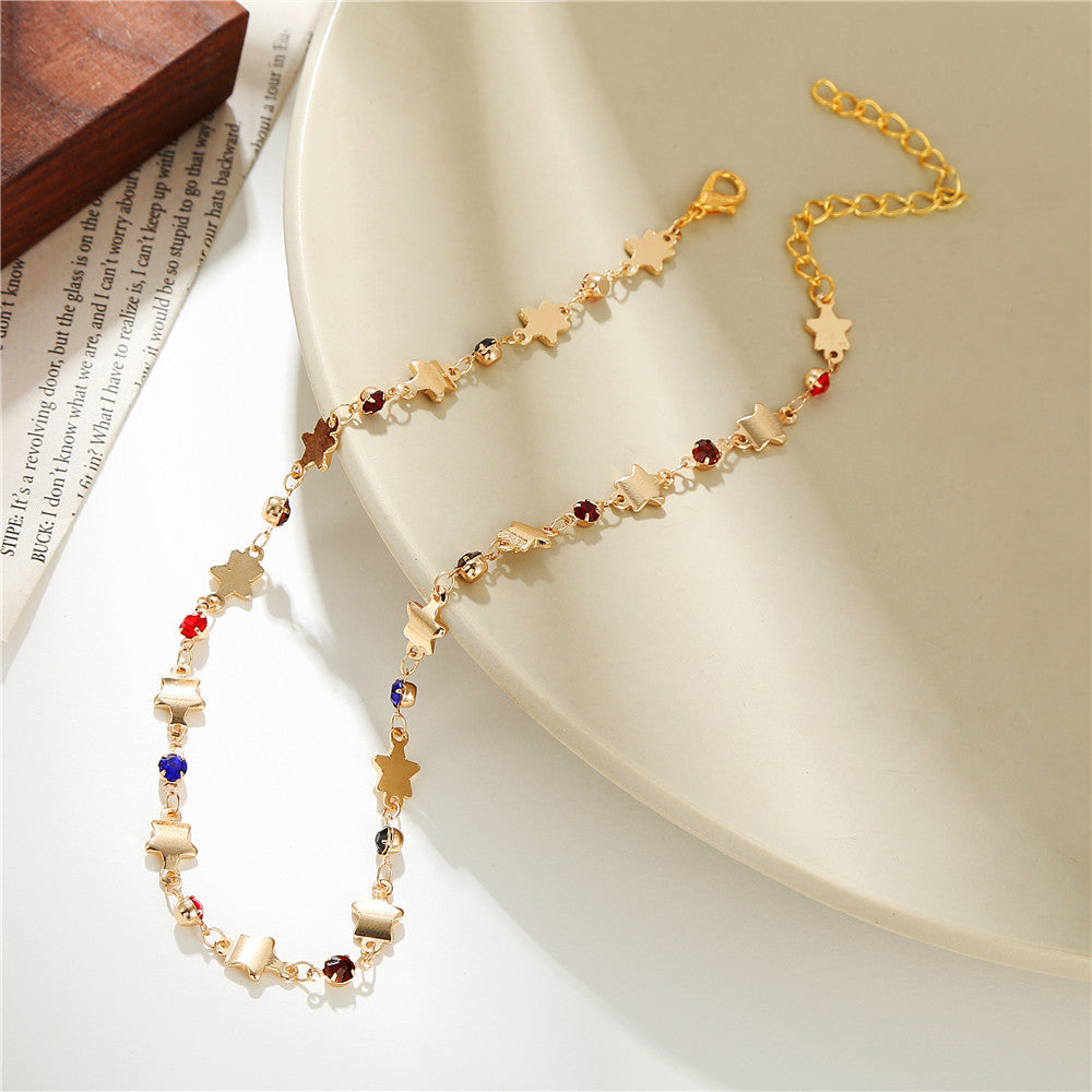 Creative Colorful Rhinestone Star Geometric Alloy Plated Ball Chain Necklace for Women