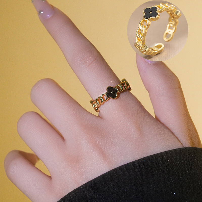 Minimalist Geometric Shell and Four-Leaf Clover Open Ring for Women in Gold-Plated Copper with Heart Accent
