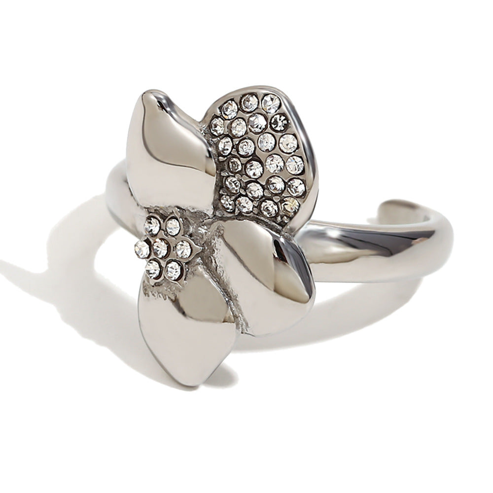 Elegant Asymmetrical Flower-Shaped Stainless Steel Ring with 18K Gold Plating and Rhinestone Accents for Women