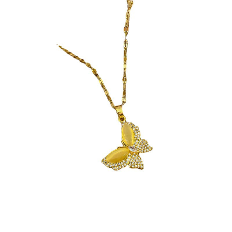 Collana a farfalla in acciaio al titanio da donna con intarsi in strass e catena a O, elegante catena per clavicola