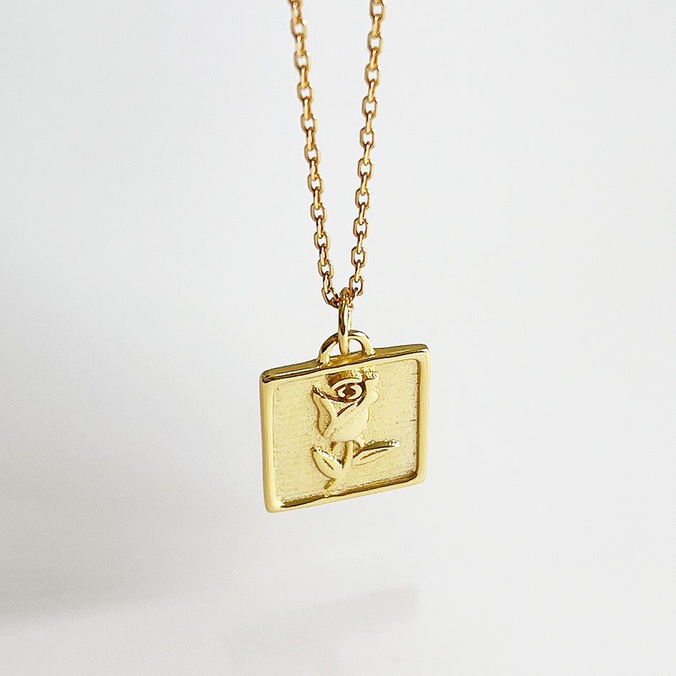 Sweet 925 Sterling Silver Geometric Square Floral Rose Necklace