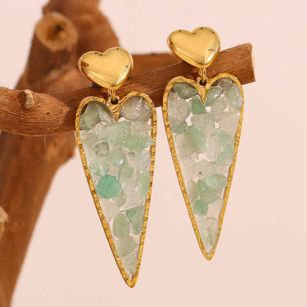 Vintage-Style Heart-Shaped Stainless Steel Earrings with 18K Gold Plating and Green Rhinestone Accents