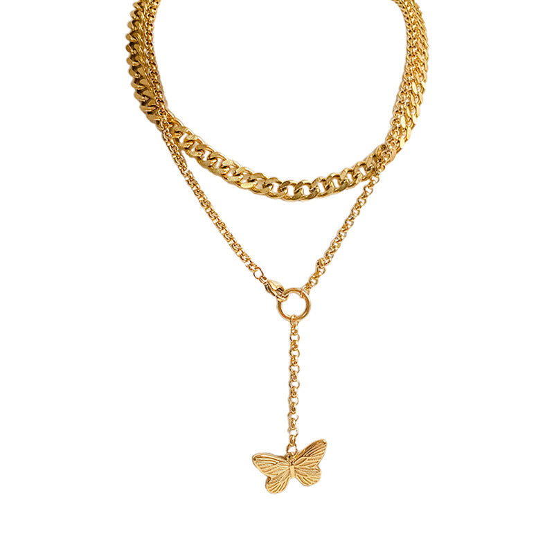 Unique Gold Plated Titanium Steel Butterfly Double Layer Necklace