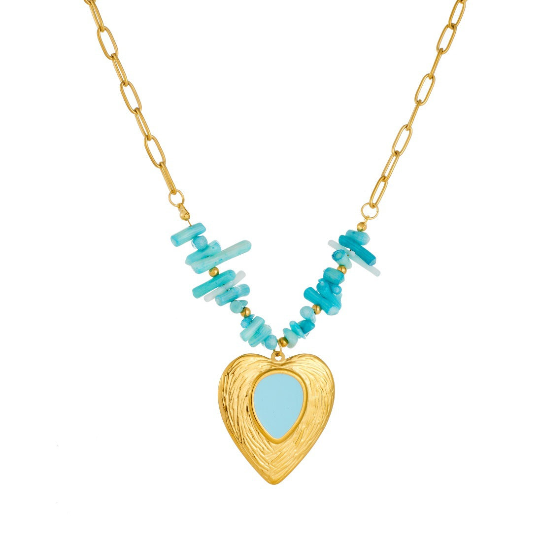 Chic Heart Shaped Gold Plated Drip Oil Stainless Steel Necklace with Blue Stone Beads and Curb Chain