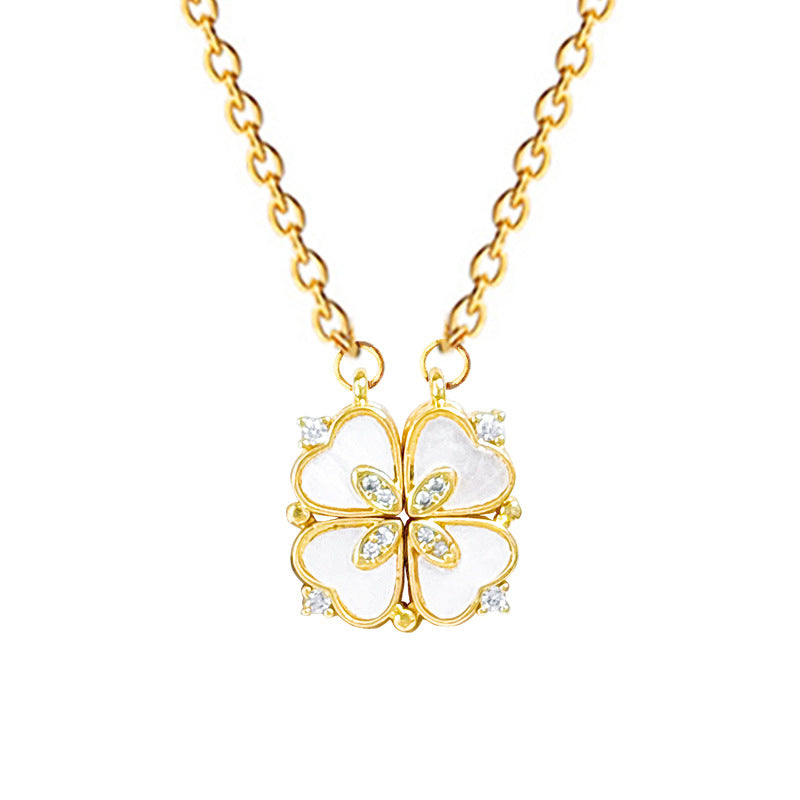 Sweet Heart Four-Leaf Flower Paved with Cubic Zirconia Titanium Steel Necklace for Women