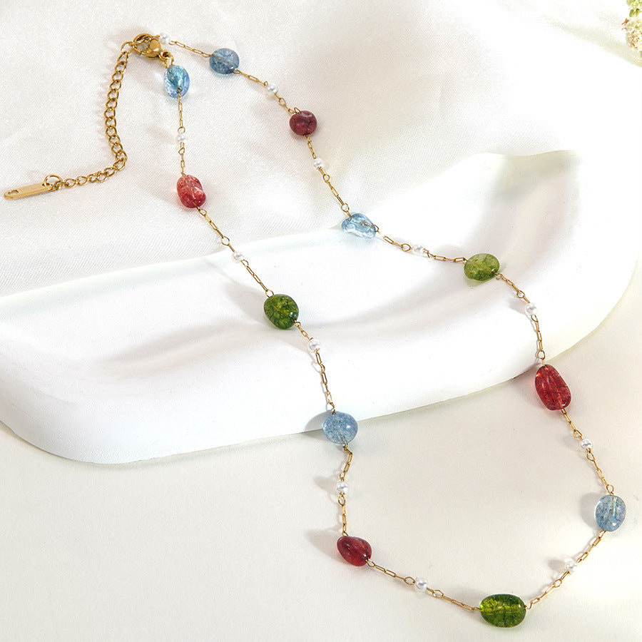 Elegant 18K Gold Plated Geometric Oval Stainless Steel Beaded Necklace for Women