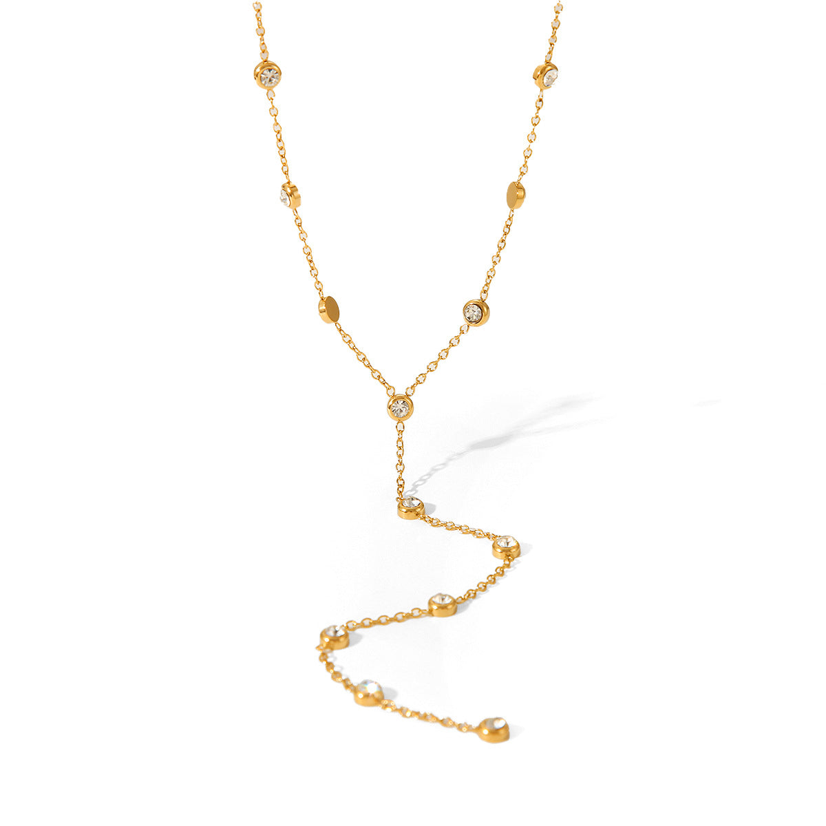 Collana con ciondolo geometrico minimalista in acciaio inossidabile placcato oro 18 carati e strass, design a nappa a Y per donna
